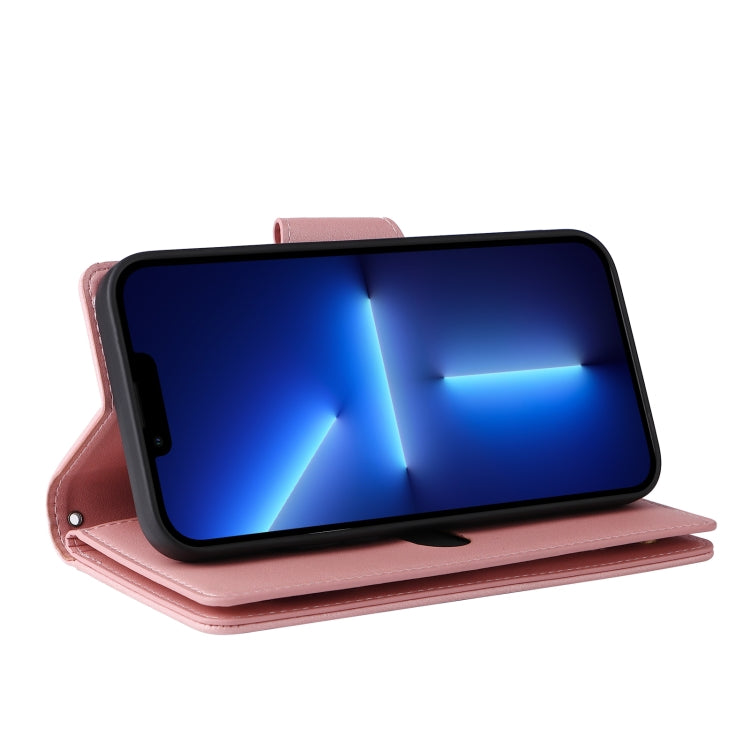 For iPhone 13 Pro Rivet Buckle 9 Cards Three Fold Leather Phone Case