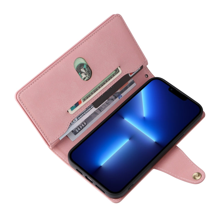 For iPhone 13 Pro Rivet Buckle 9 Cards Three Fold Leather Phone Case