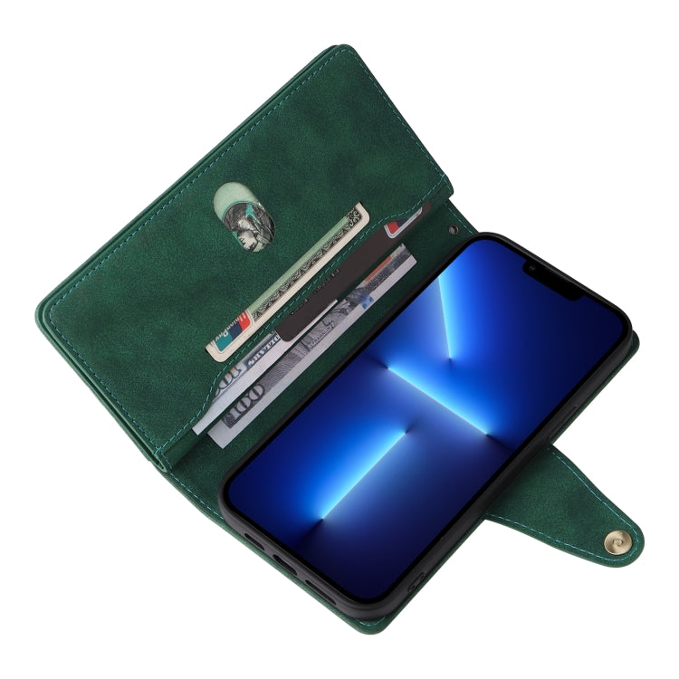 For iPhone 13 Pro Rivet Buckle 9 Cards Three Fold Leather Phone Case