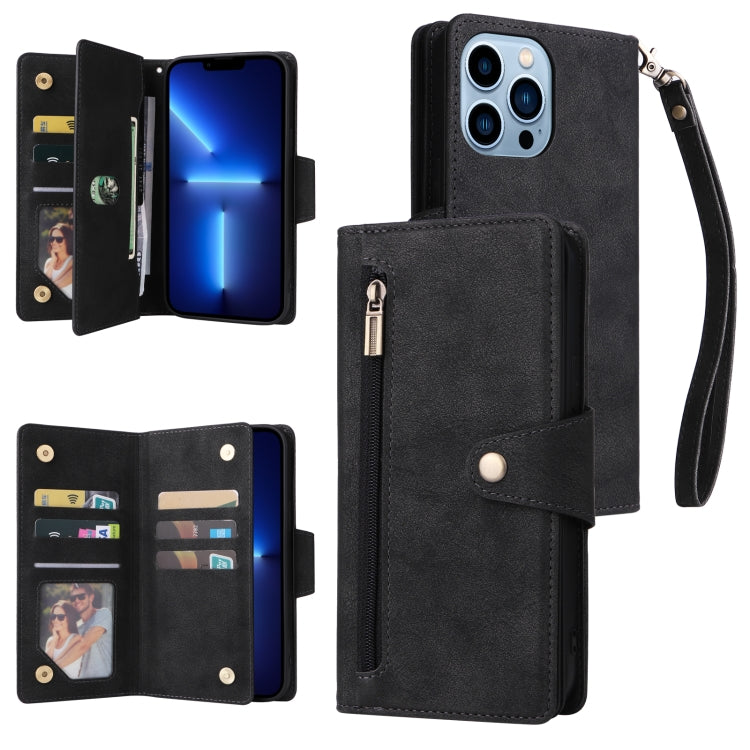 For iPhone 13 Pro Max Rivet Buckle 9 Cards Three Fold Leather Phone Case