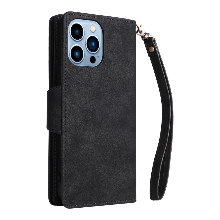 For iPhone 13 Pro Max Rivet Buckle 9 Cards Three Fold Leather Phone Case