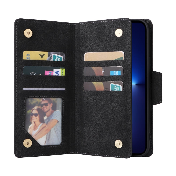 For iPhone 13 Pro Max Rivet Buckle 9 Cards Three Fold Leather Phone Case