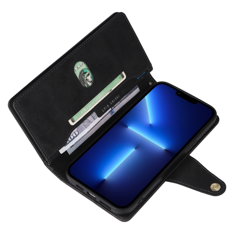 For iPhone 13 Pro Max Rivet Buckle 9 Cards Three Fold Leather Phone Case