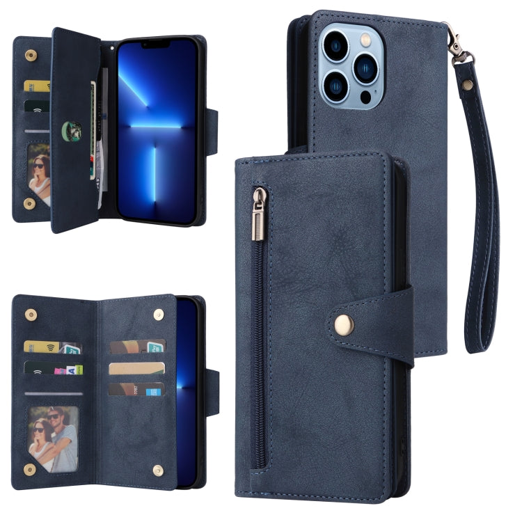 For iPhone 13 Pro Max Rivet Buckle 9 Cards Three Fold Leather Phone Case
