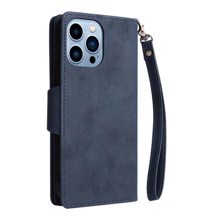 For iPhone 13 Pro Max Rivet Buckle 9 Cards Three Fold Leather Phone Case