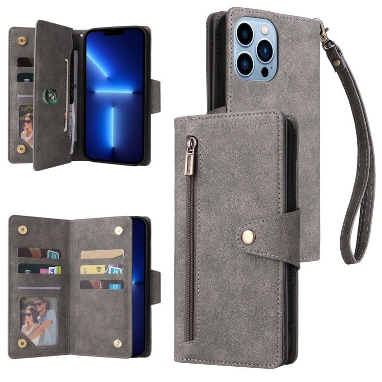 For iPhone 13 Pro Max Rivet Buckle 9 Cards Three Fold Leather Phone Case