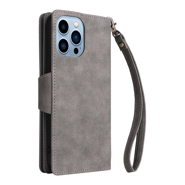 For iPhone 13 Pro Max Rivet Buckle 9 Cards Three Fold Leather Phone Case