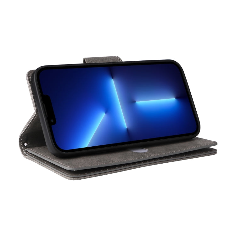 For iPhone 13 Pro Max Rivet Buckle 9 Cards Three Fold Leather Phone Case