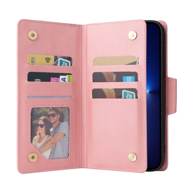 For iPhone 13 Pro Max Rivet Buckle 9 Cards Three Fold Leather Phone Case