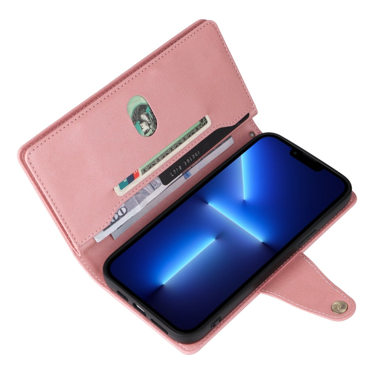 For iPhone 13 Pro Max Rivet Buckle 9 Cards Three Fold Leather Phone Case