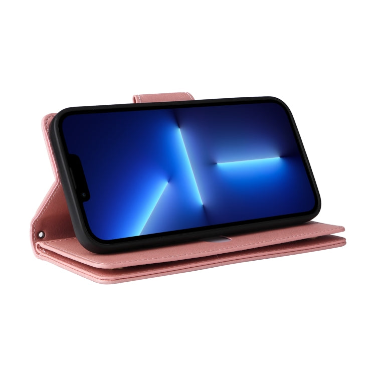 For iPhone 13 Pro Max Rivet Buckle 9 Cards Three Fold Leather Phone Case