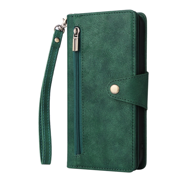 For iPhone 13 Pro Max Rivet Buckle 9 Cards Three Fold Leather Phone Case