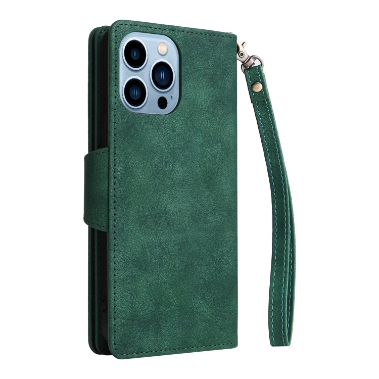 For iPhone 13 Pro Max Rivet Buckle 9 Cards Three Fold Leather Phone Case