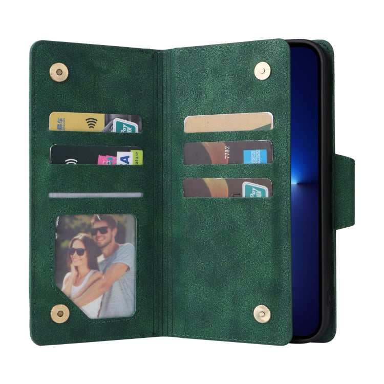 For iPhone 13 Pro Max Rivet Buckle 9 Cards Three Fold Leather Phone Case