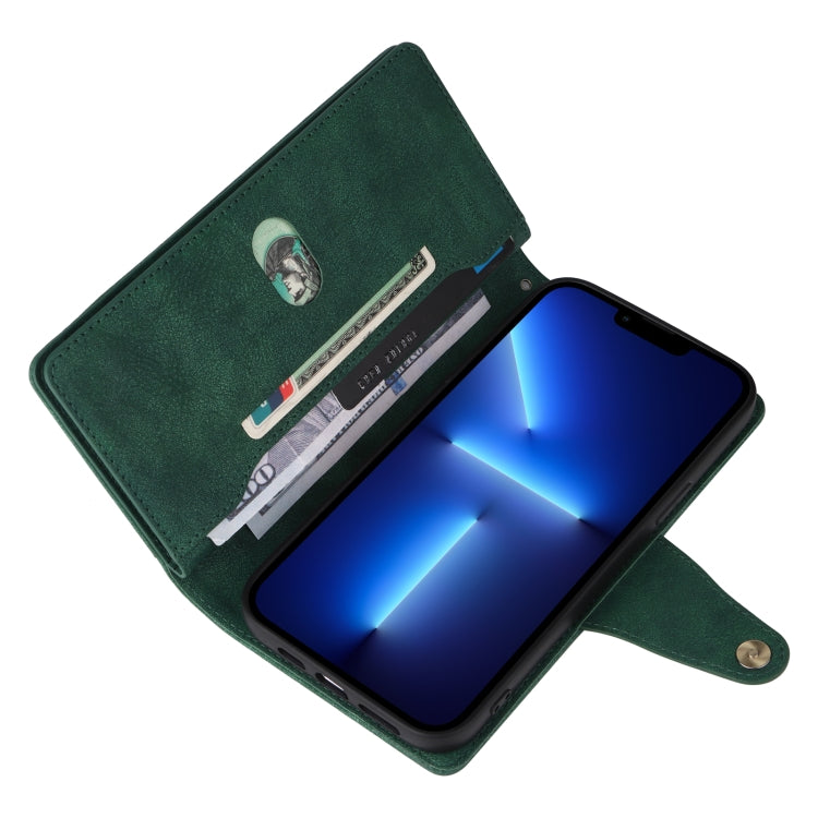 For iPhone 13 Pro Max Rivet Buckle 9 Cards Three Fold Leather Phone Case