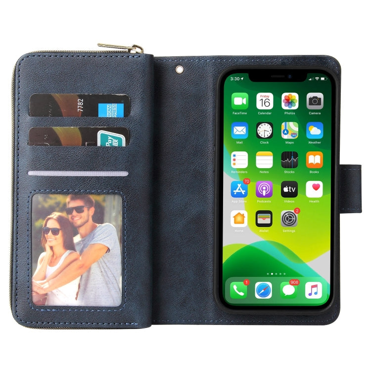 For iPhone 13 mini 9 Card Slots Zipper Wallet Bag Leather Phone Case