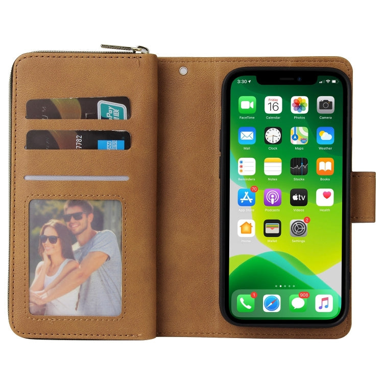 For iPhone 13 mini 9 Card Slots Zipper Wallet Bag Leather Phone Case