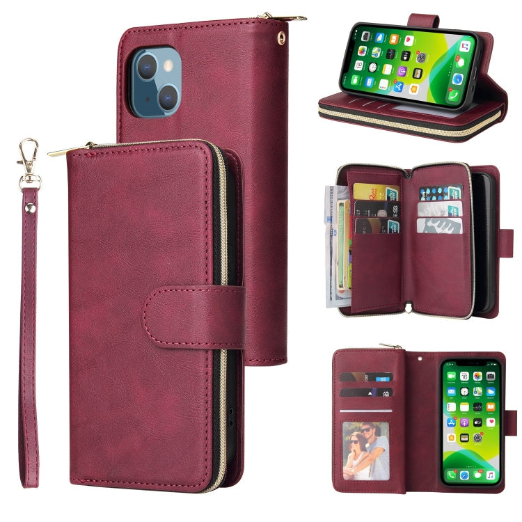 For iPhone 13 mini 9 Card Slots Zipper Wallet Bag Leather Phone Case