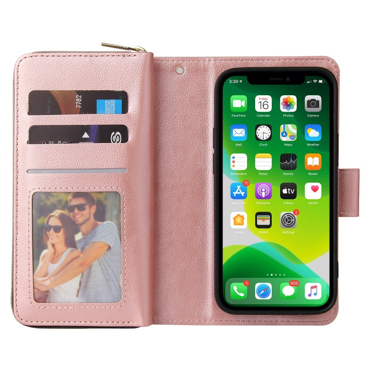 For iPhone 13 9 Card Slots Zipper Wallet Bag Leather Phone Case