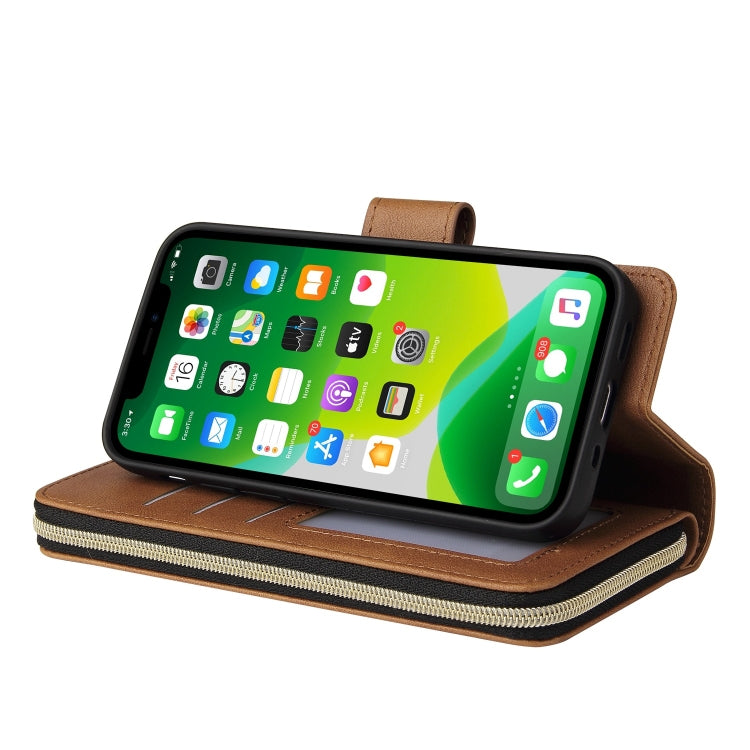 For iPhone 13 9 Card Slots Zipper Wallet Bag Leather Phone Case