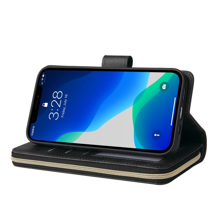 For iPhone 13 Pro 9 Card Slots Zipper Wallet Bag Leather Phone Case