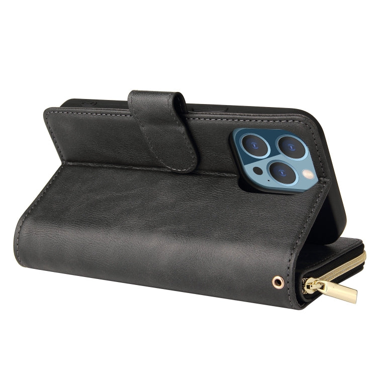 For iPhone 13 Pro 9 Card Slots Zipper Wallet Bag Leather Phone Case