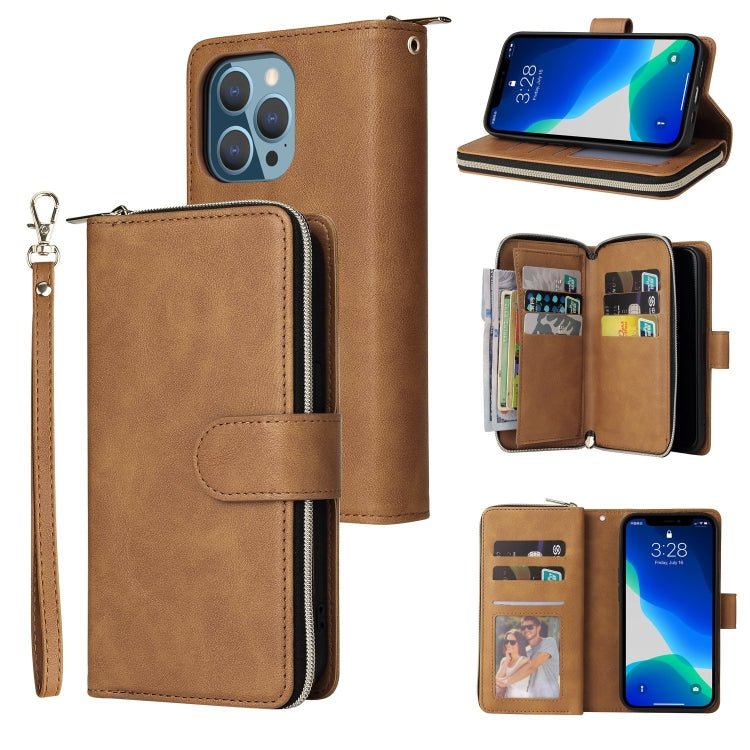 For iPhone 13 Pro 9 Card Slots Zipper Wallet Bag Leather Phone Case