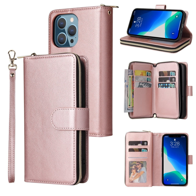 For iPhone 13 Pro Max 9 Card Slots Zipper Wallet Bag Leather Phone Case