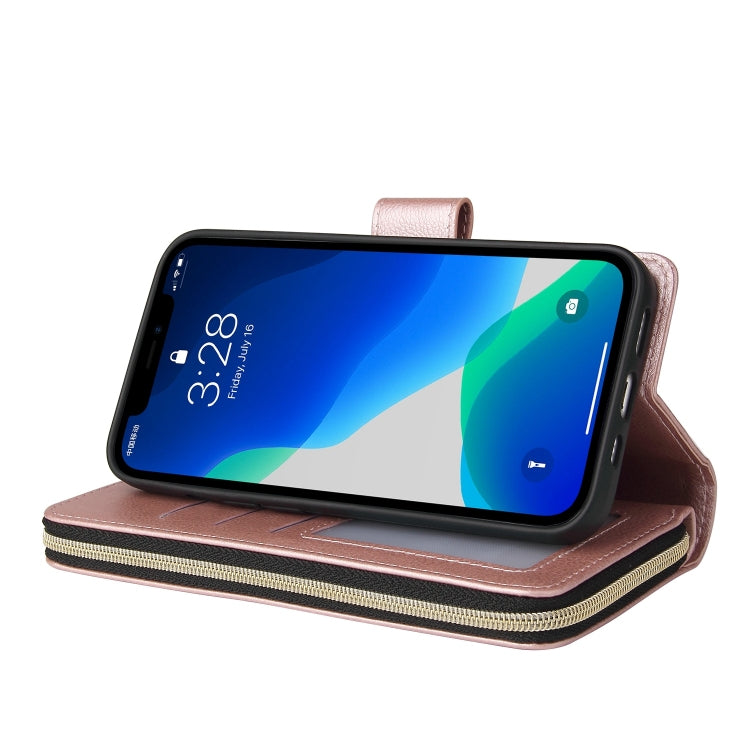 For iPhone 13 Pro Max 9 Card Slots Zipper Wallet Bag Leather Phone Case