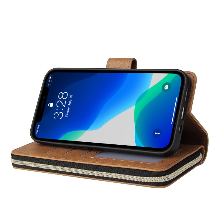 For iPhone 13 Pro Max 9 Card Slots Zipper Wallet Bag Leather Phone Case