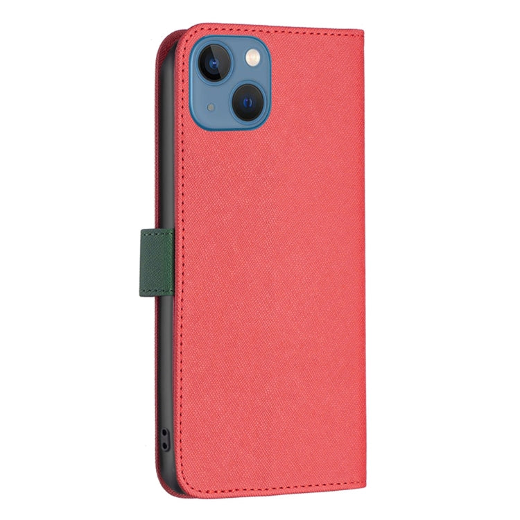 For iPhone 13 BF13 Color Matching Cross Texture Leather Phone Case