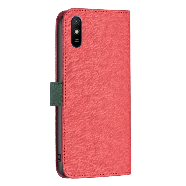 For Xiaomi Redmi 9A BF13 Color Matching Cross Texture Leather Phone Case