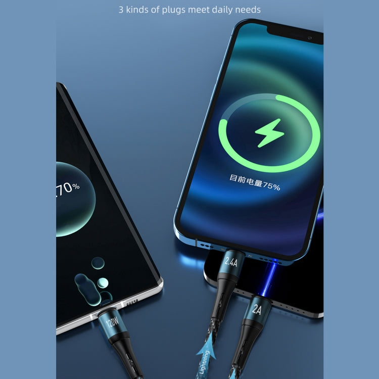 awei CL-972 Type-C / USB-C + 8 Pin + Micro USB 3 In 1 Fast Charging Data Cable, Length: 1.2m(Black)