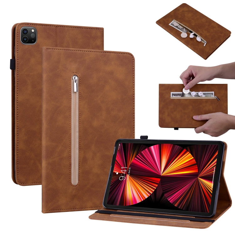 For iPad Pro 12.9 2022 / 2021 / 2020 Skin Feel Solid Color Zipper Smart Leather Tablet Case