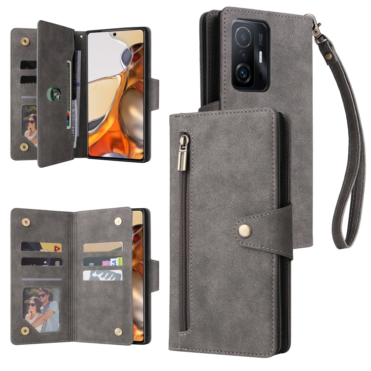 For Xiaomi 11T Rivet Buckle 9 Cards Three Fold Leather Phone Case