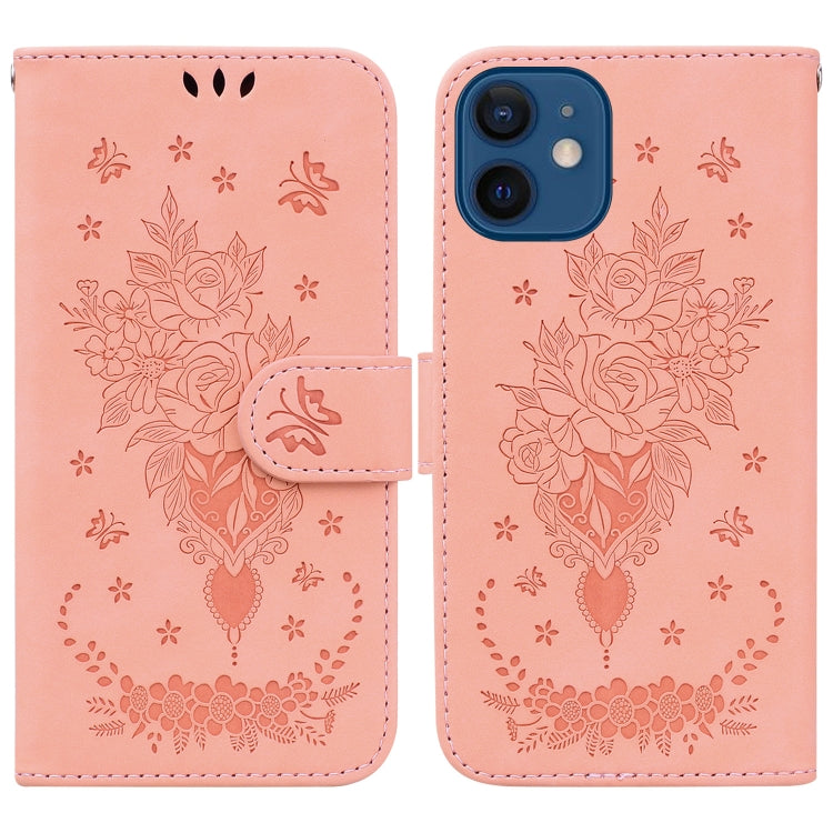 For iPhone 12 / 12 Pro Butterfly Rose Embossed Leather Phone Case