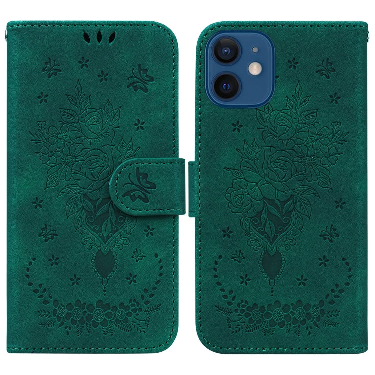 For iPhone 12 mini Butterfly Rose Embossed Leather Phone Case