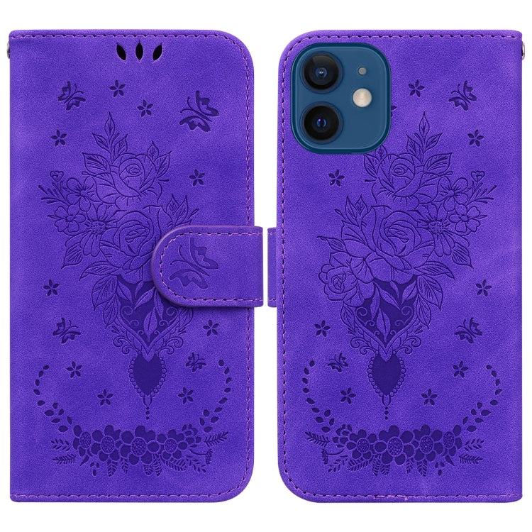 For iPhone 12 mini Butterfly Rose Embossed Leather Phone Case