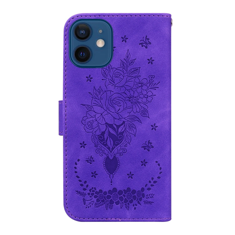 For iPhone 12 mini Butterfly Rose Embossed Leather Phone Case