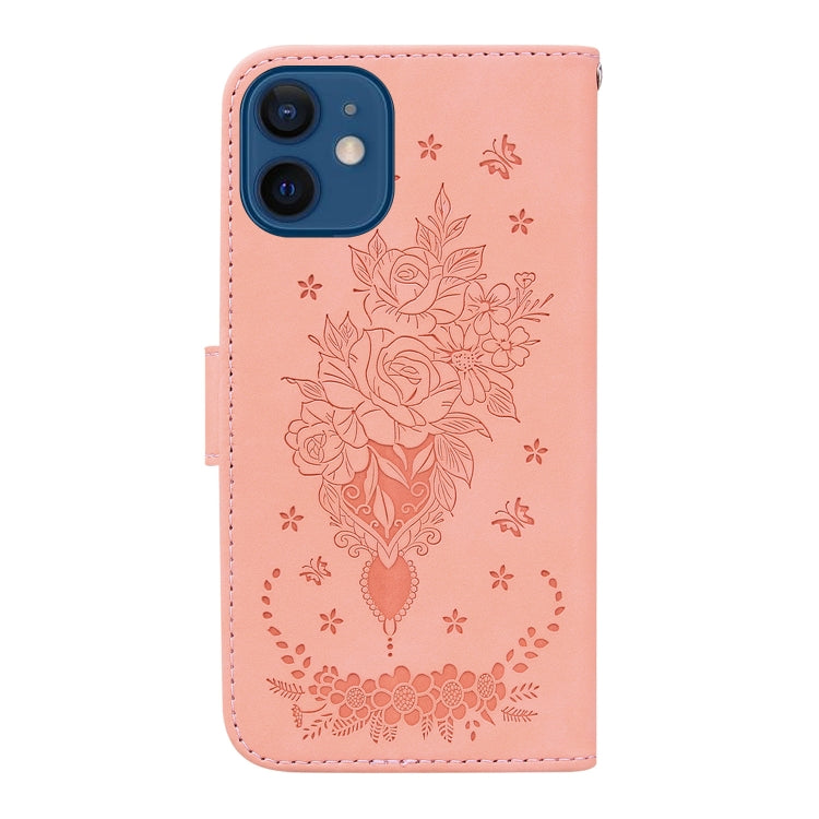 For iPhone 12 mini Butterfly Rose Embossed Leather Phone Case