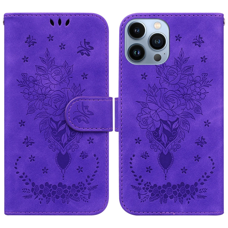 For iPhone 13 Pro Max Butterfly Rose Embossed Leather Phone Case