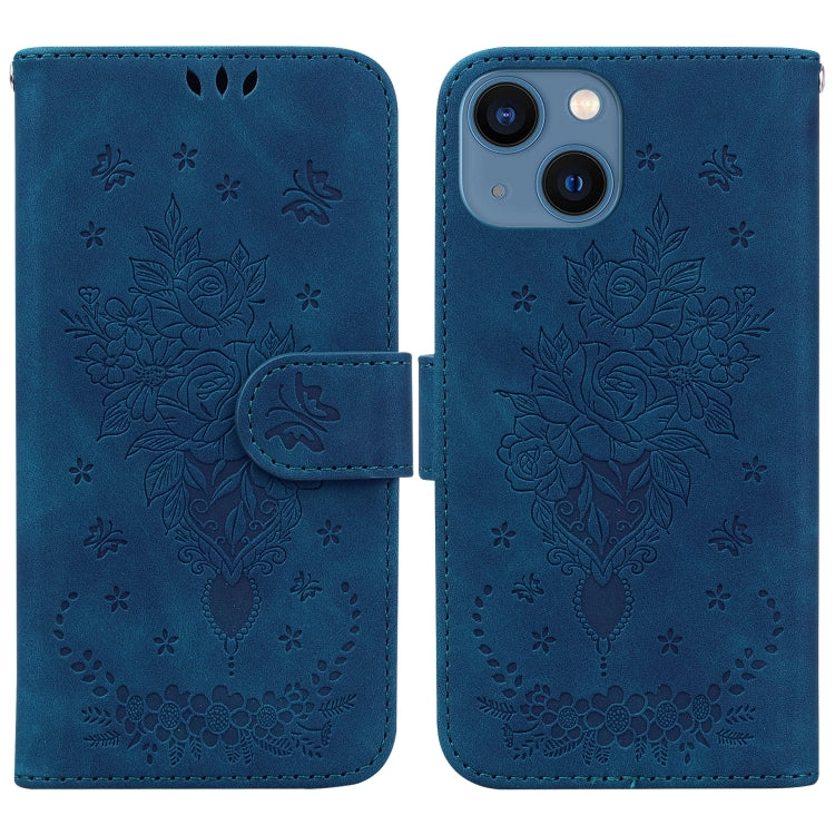 For iPhone 13 mini Butterfly Rose Embossed Leather Phone Case