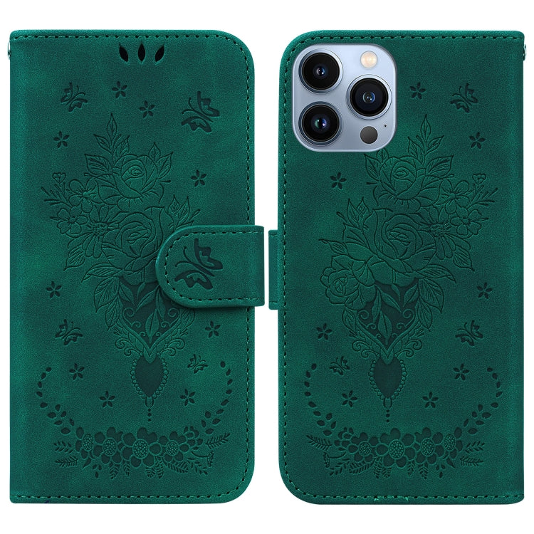 For iPhone 13 Pro Butterfly Rose Embossed Leather Phone Case