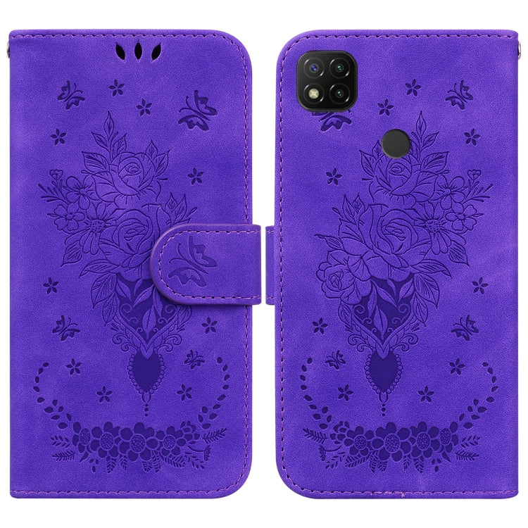 For Xiaomi Redmi 9C Butterfly Rose Embossed Leather Phone Case