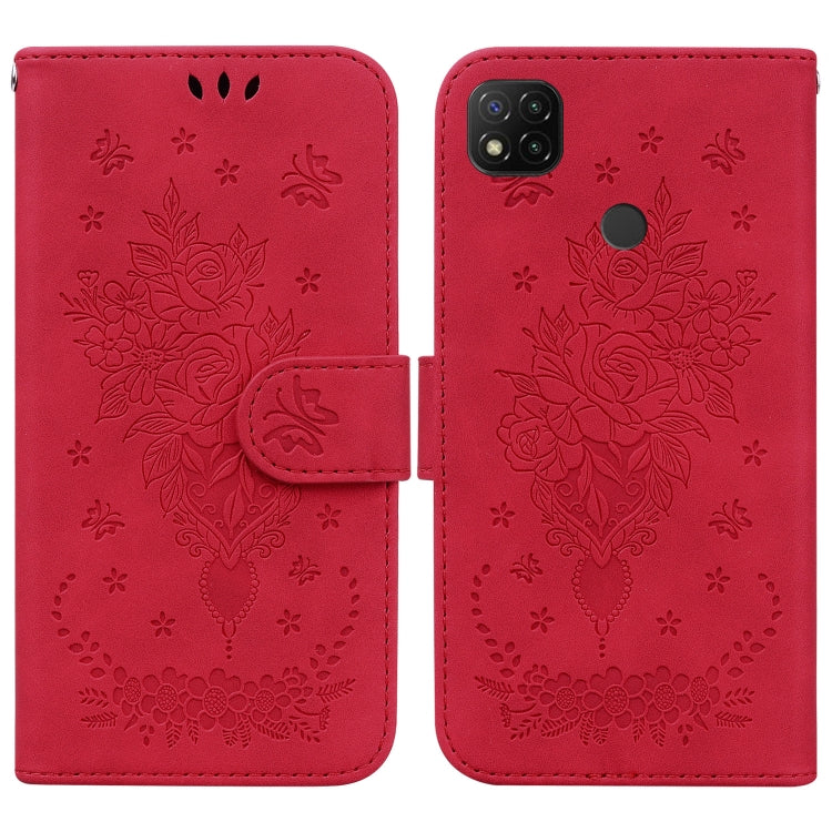 For Xiaomi Redmi 9C Butterfly Rose Embossed Leather Phone Case