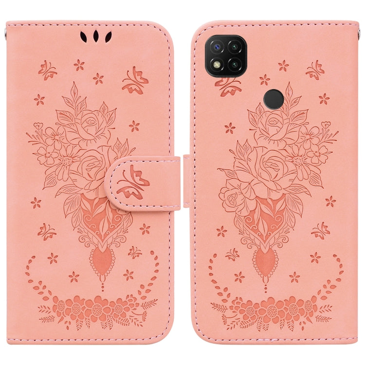 For Xiaomi Redmi 9C Butterfly Rose Embossed Leather Phone Case