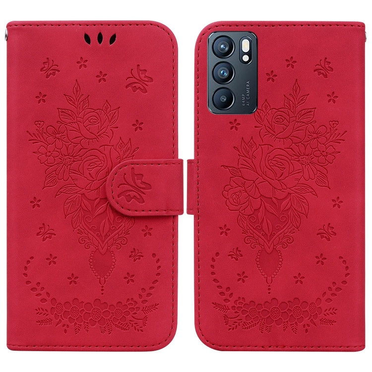 For OPPO Reno6 5G Butterfly Rose Embossed Leather Phone Case