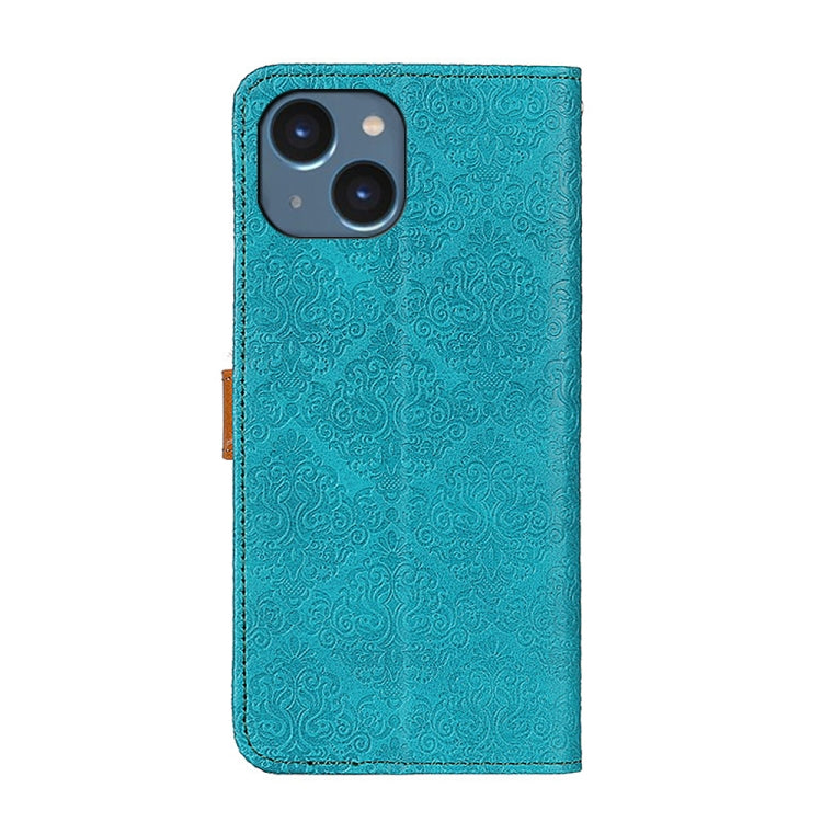 For iPhone 14 European Floral Embossed Copper Buckle Horizontal Flip PU Leather Phone Case