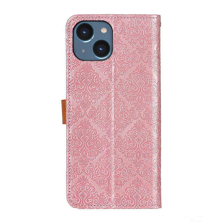 For iPhone 14 European Floral Embossed Copper Buckle Horizontal Flip PU Leather Phone Case