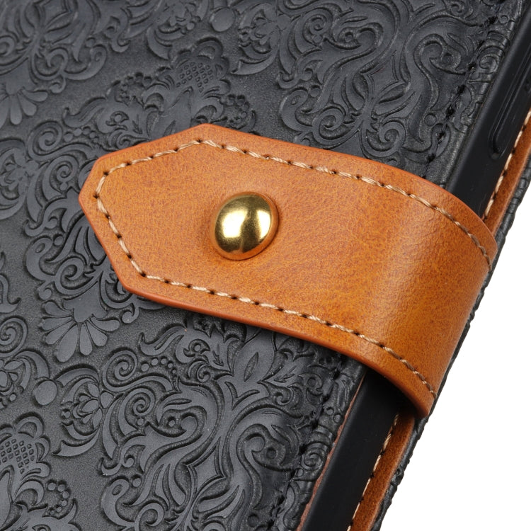 For iPhone 14 Plus European Floral Embossed Copper Buckle Horizontal Flip PU Leather Phone Case